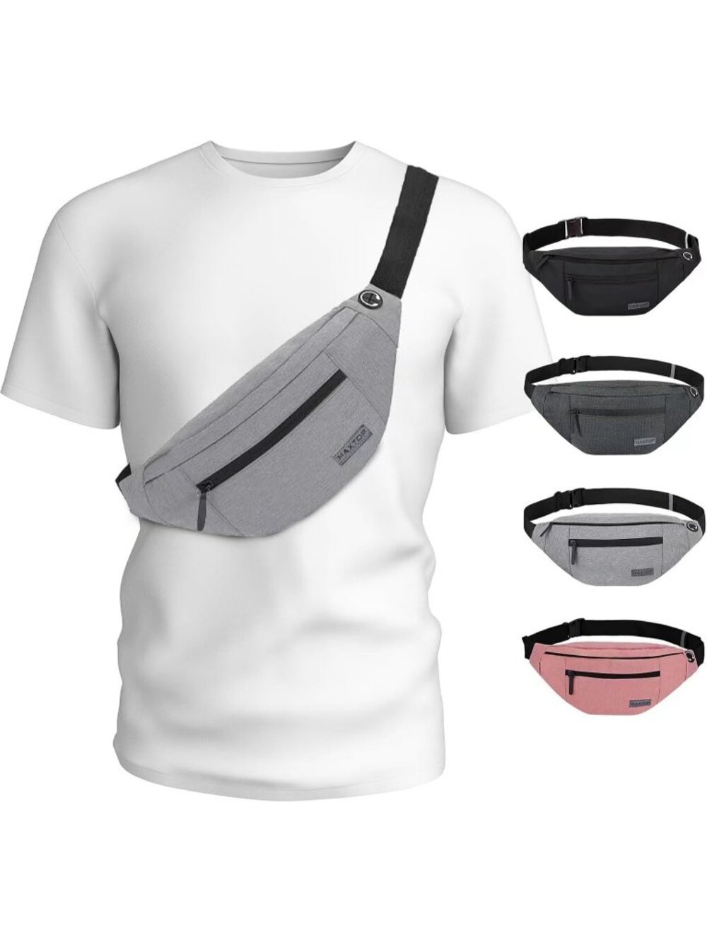Men's Grey Large Crossbody Fanny Pack With 4-Zip Belt Bag Waist Pack Travelling